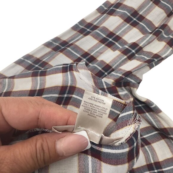 LOFT Outlet Pullover Plaid Long-Sleeve Rayon Blouse SZ L White & Multicolor - Picture 4 of 10